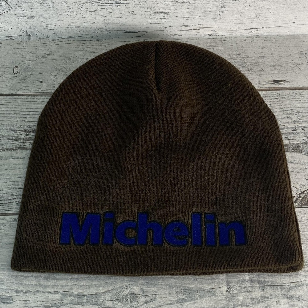 Michelin Hat Beanie One Size Brown Knit Embroidered Logo Michelin Man Cars Mens